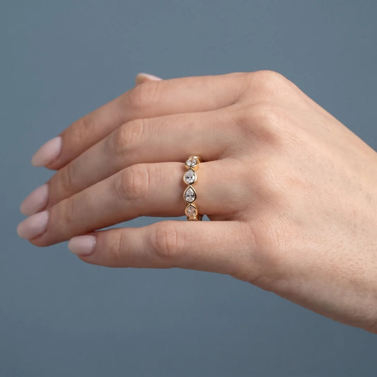 14K Yellow Gold Seven Stone Pear Cut Bezel Set Diamond Half Eternity Wedding Band - worn on hand