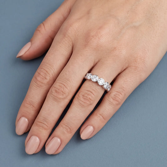 Silver Round Cut Bezel Set Diamond Full Eternity Wedding Band 3.5mm - worn on hand
