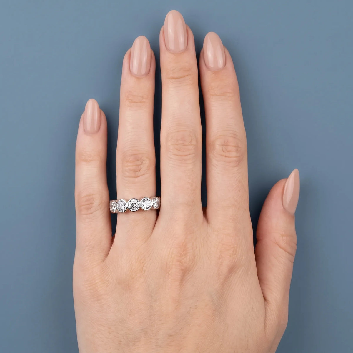 Platinum Round Cut Bezel Set Diamond Full Eternity Wedding Band 4.1mm - worn on hand