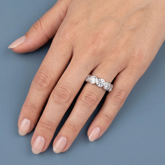 Silver Round Cut Bezel Set Diamond Full Eternity Wedding Band 5.9mm - worn on hand