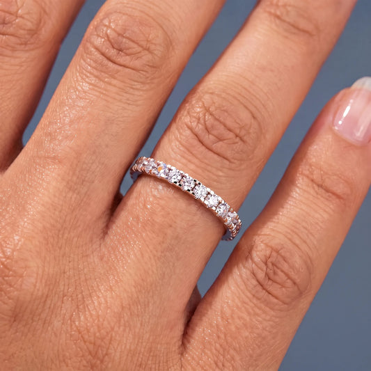 10K Rose Gold Round Cut Diamond Classic Eternity Band 2mm - worn on hand