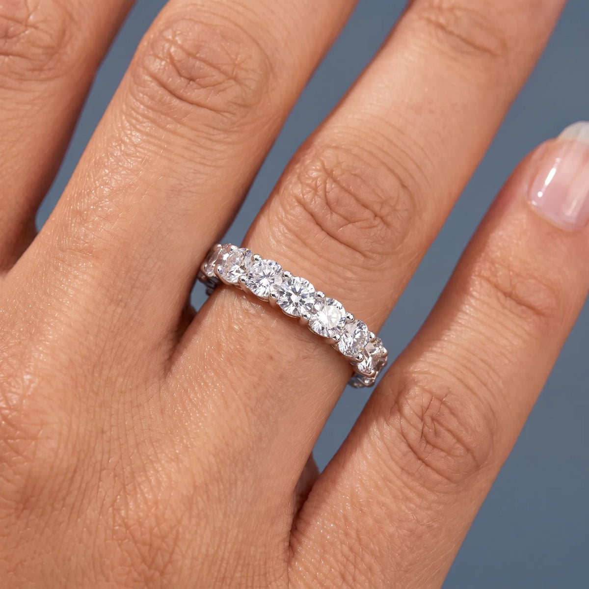 Silver Round Cut Diamond Classic Eternity Band 3.5mm - worn on hand