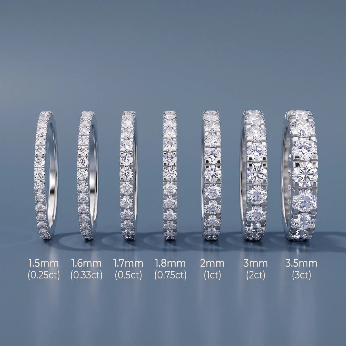 Round Cut Diamond Classic Eternity Band - width and carat size guide