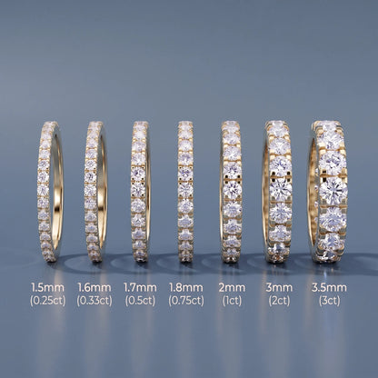 Round Cut Diamond Classic Eternity Band - width and carat size guide, yellow gold