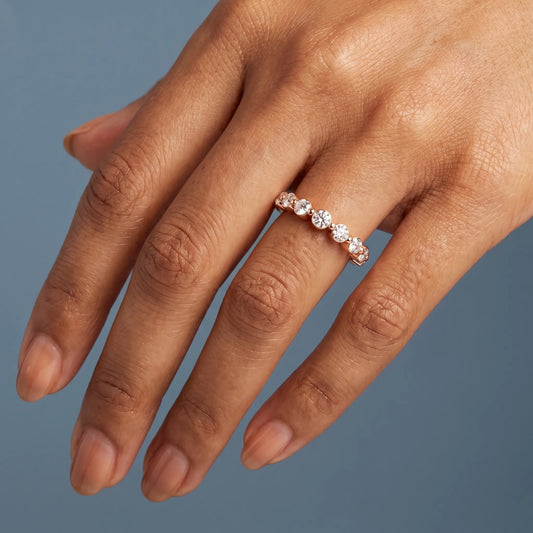 14K Rose Gold Round Cut Diamond Half Sculpted Prong Eternity Band 1.7mm - worn on hand