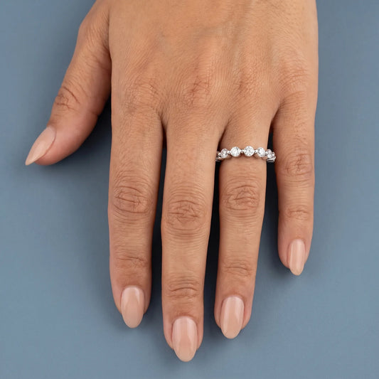 14K White Gold Round Cut Diamond Half Sculpted Prong Eternity Band 1.7mm - worn on hand