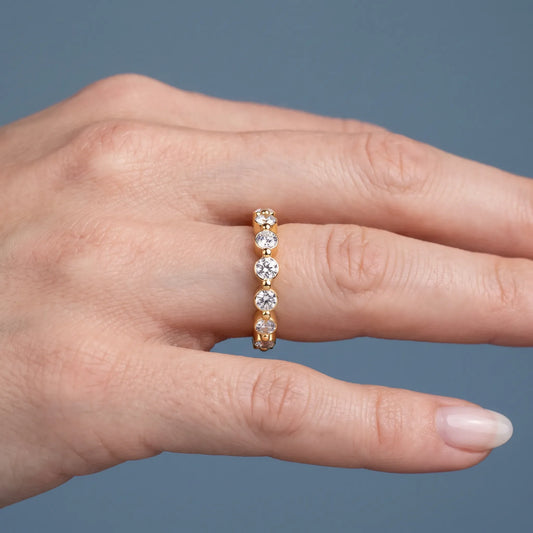 14K Yellow Gold Round Cut Diamond Half Sculpted Prong Eternity Band 1.7mm - worn on hand