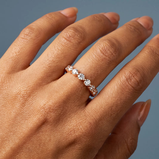 14K Rose Gold Round Cut Diamond Half Sculpted Prong Eternity Band 2mm - worn on hand