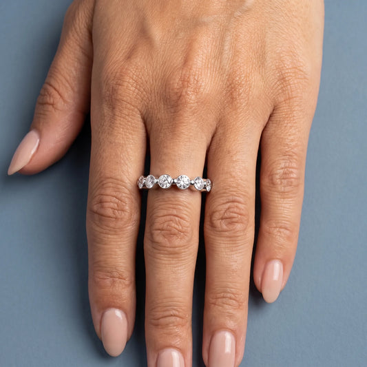 Silver Round Cut Diamond Half Sculpted Prong Eternity Band 2mm - worn on hand