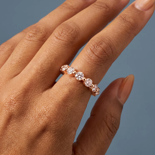 10K Rose Gold Round Cut Diamond Half Sculpted Prong Eternity Band 2.3mm - worn on hand