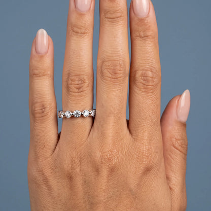 14K White Gold Round Cut Diamond Half Sculpted Prong Eternity Band 2.3mm - worn on hand