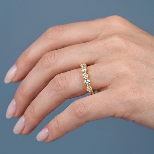 10K Yellow Gold Round Cut Diamond Half Sculpted Prong Eternity Band 2.3mm - worn on hand
