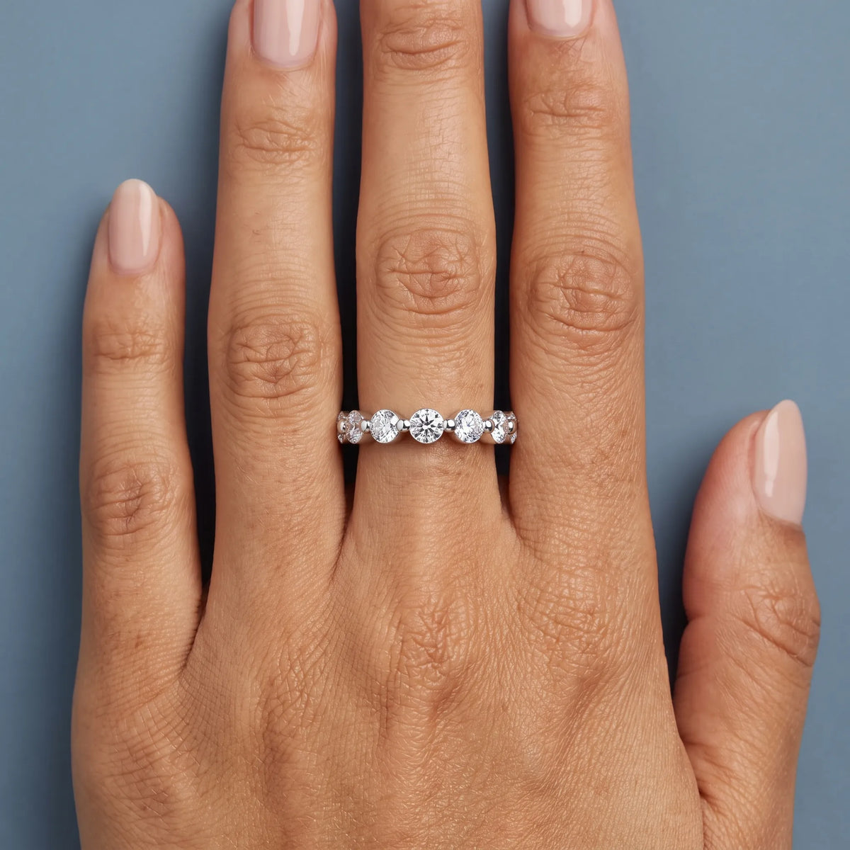 Silver Round Cut Diamond Half Sculpted Prong Eternity Band 2.7mm - worn on hand