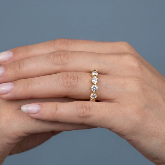 14K Yellow Gold Round Cut Diamond Half Sculpted Prong Eternity Band 2.7mm - worn on hand
