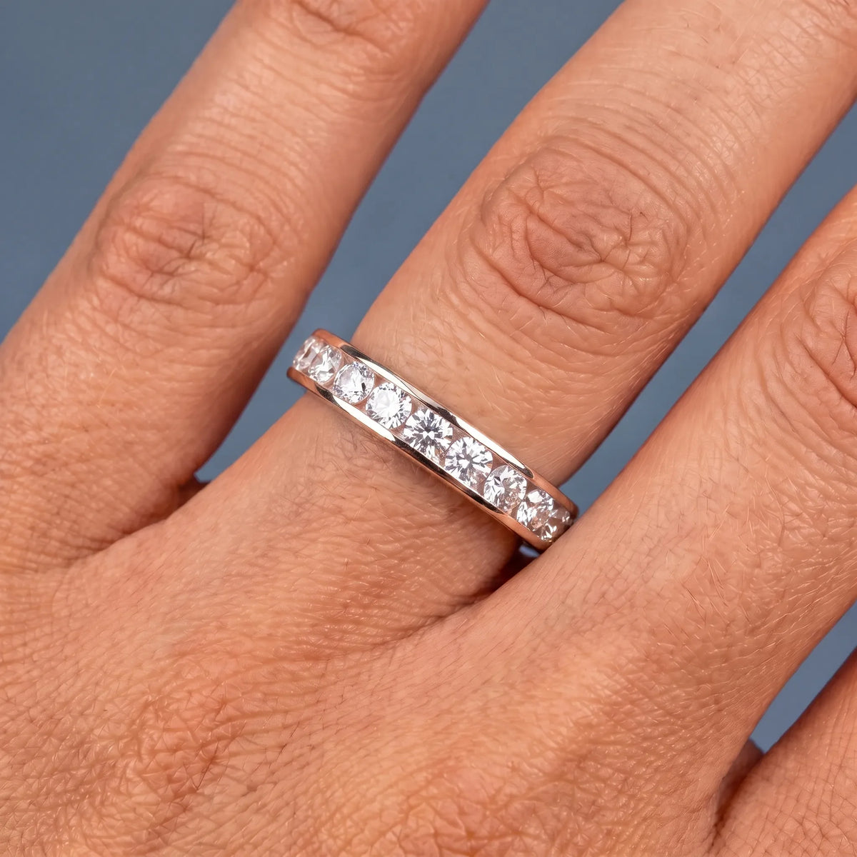 14K Rose Gold Round Cut Diamond Channel Set Eternity Band 2mm - worn on hand