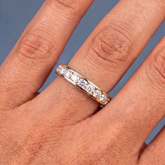 14K Yellow Gold Round Cut Diamond Channel Set Eternity Band 3.8mm - worn on hand