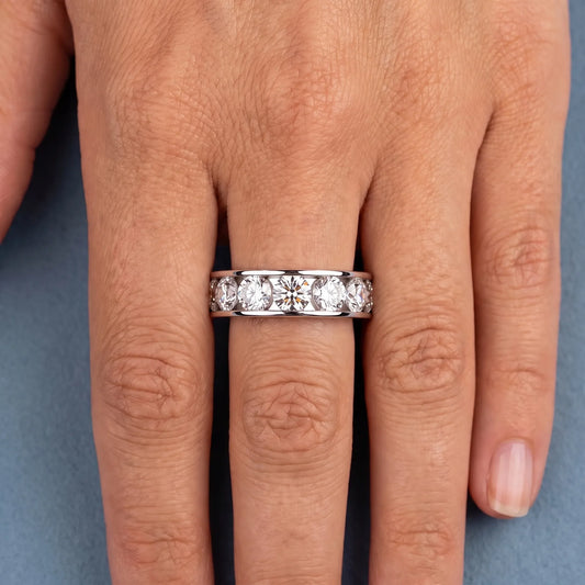 Platinum Round Cut Diamond Channel Set Eternity Band 4.2mm - worn on hand