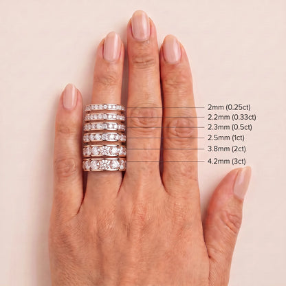 Round Cut Diamond Channel Set Eternity Band - width and carat size guide, rose gold