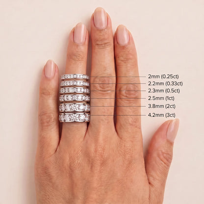 Round Cut Diamond Channel Set Eternity Band - width and carat size guide