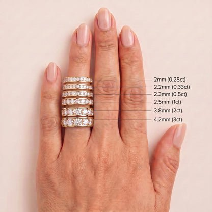 Round Cut Diamond Channel Set Eternity Band - width and carat size guide, yellow gold