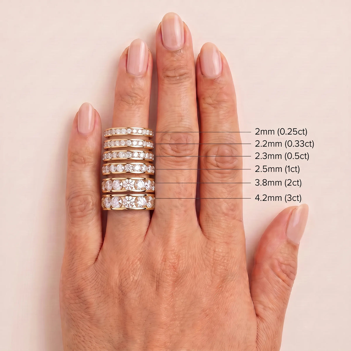 Round Cut Diamond Channel Set Eternity Band - width and carat size guide, yellow gold