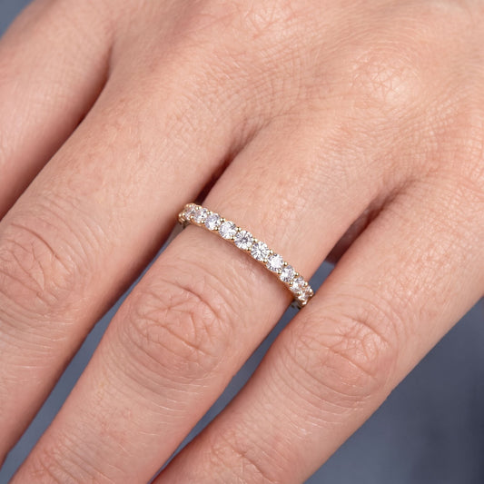 14K Yellow Gold Round Cut Diamond 4 Prong Eternity Band 1.7mm - worn on hand