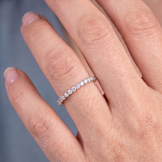 14K Rose Gold Round Cut Diamond 4 Prong Eternity Band 1.8mm - worn on hand