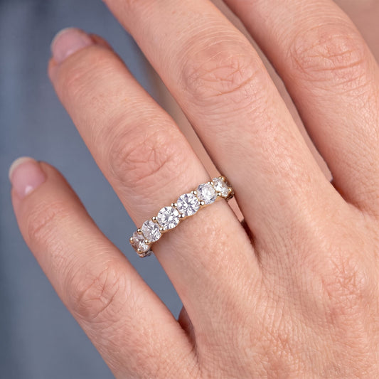 14K Yellow Gold Round Cut Diamond 4 Prong Eternity Band 2mm - worn on hand