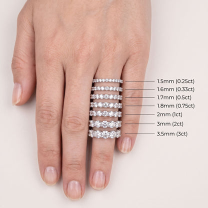 Round Cut Diamond 4 Prong Eternity Band - width and carat size guide