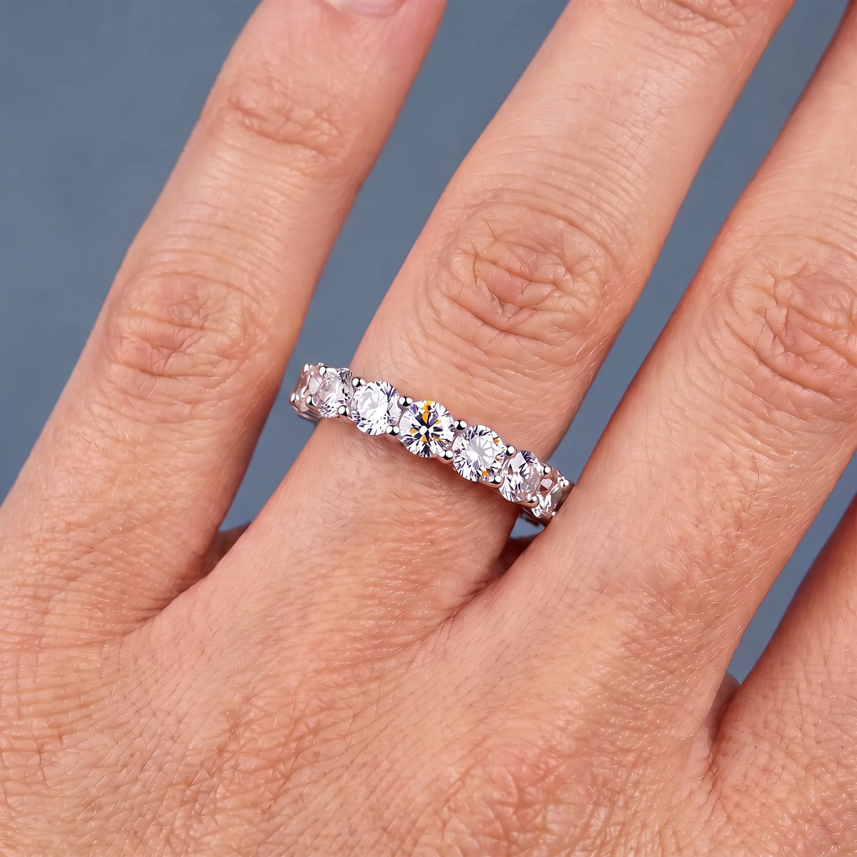 Silver Round Cut Diamond Unity Prong Eternity Band 3mm - worn on hand