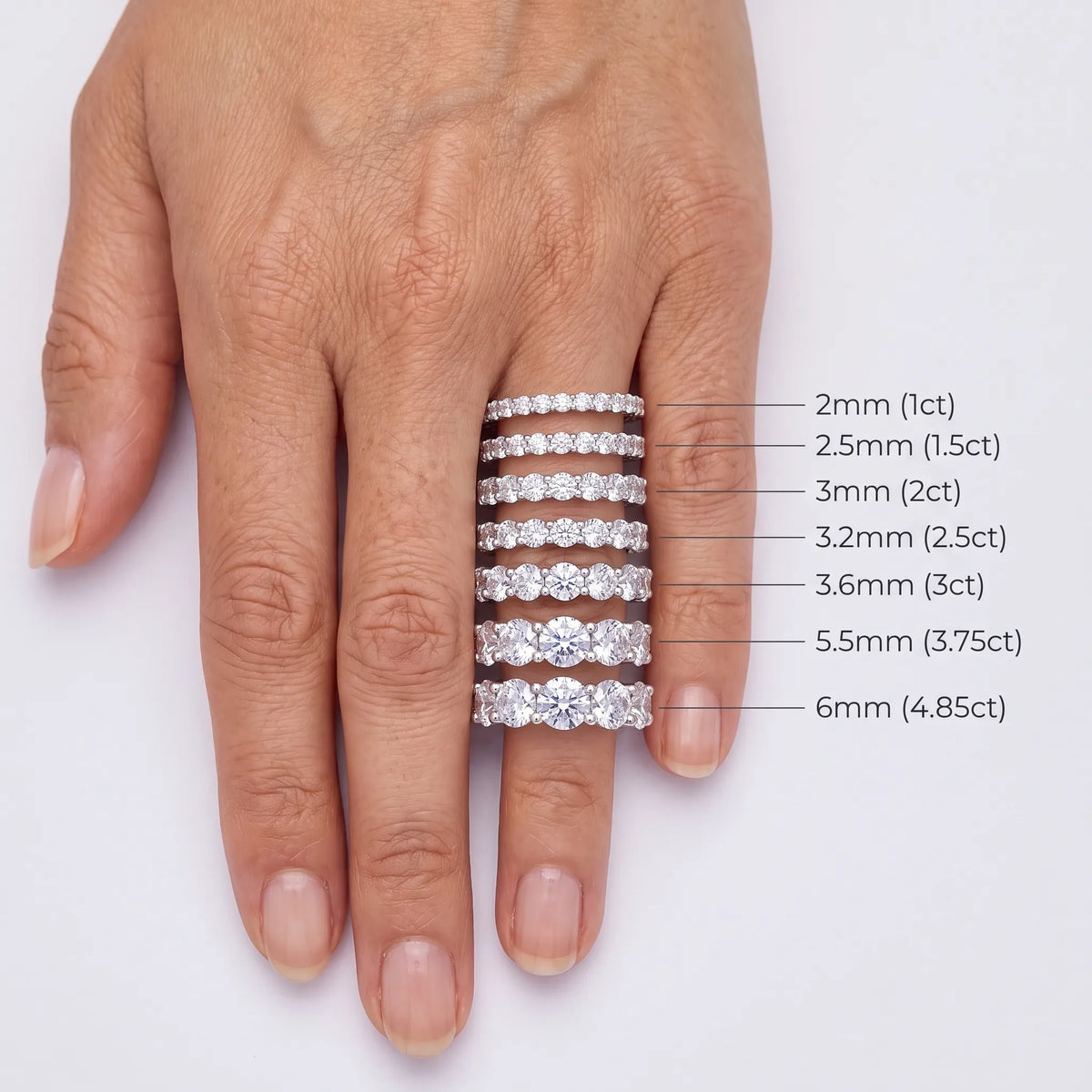 Round Cut Diamond Unity Prong Eternity Band - width and carat size guide