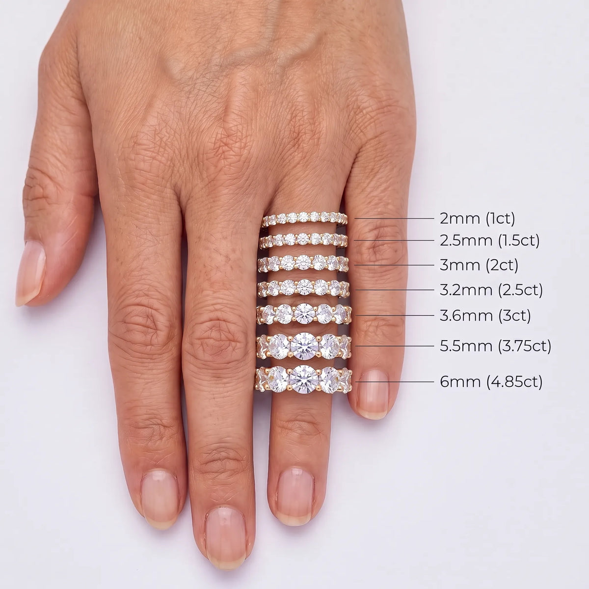Round Cut Diamond Unity Prong Eternity Band - width and carat size guide, yellow gold