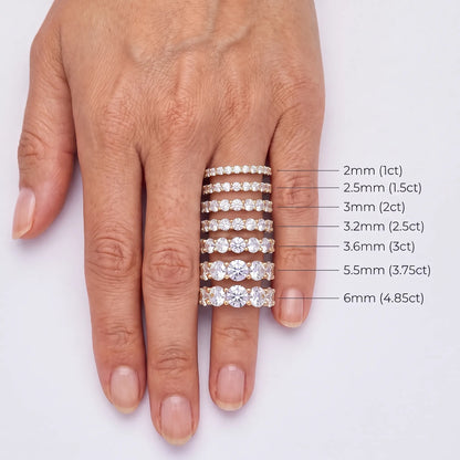 Round Cut Diamond Unity Prong Eternity Band - width and carat size guide, yellow gold