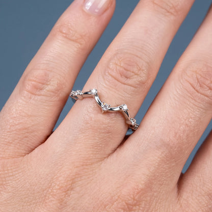 14K White Gold Round Cut Diamond Scattered Curve Curved Band - worn on hand