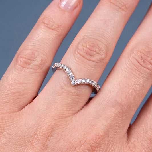 10K Rose Gold Round Cut Diamond Chevron Curved Band - worn on hand