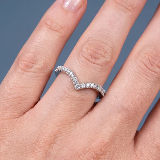 10K White Gold Round Cut Diamond Chevron Curved Band - worn on hand