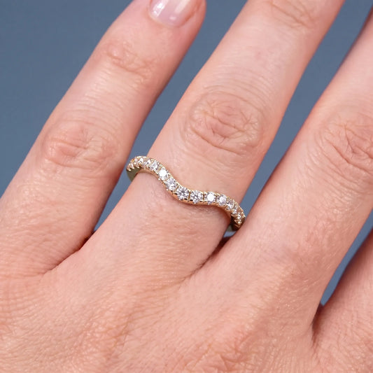 10K Yellow Gold Round Cut Diamond Contour Curved Band - worn on hand