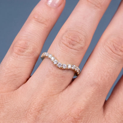 14K Yellow Gold Round Cut Diamond Crescent Curved Band - worn on hand