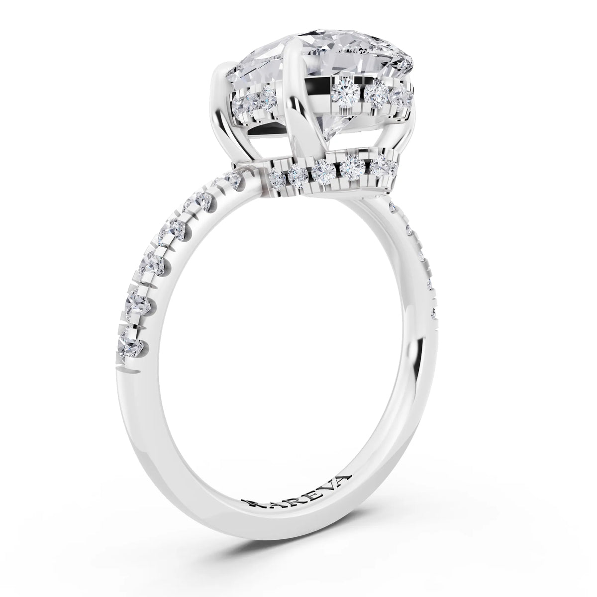 14 KT White Gold Pear Cut Diamond Hidden Halo Tiger Prong Pave Band Ring - top view