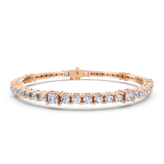 14K Rose Gold Round and Princess Cut Diamond Tennis Bracelet - Main