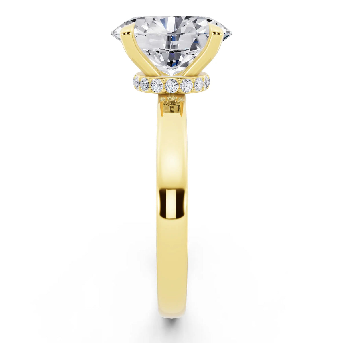 14 KT Yellow Gold Oval Cut Diamond Solitaire Ring with Pave Collar - side view