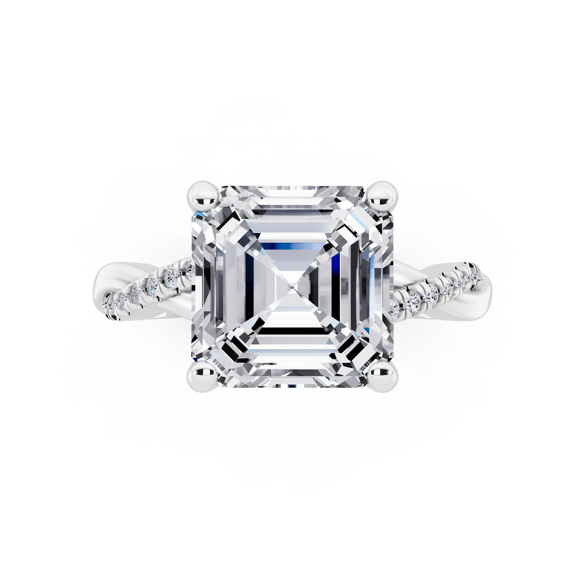 18 KT White Gold Asscher Cut Diamond Hidden Halo Ring with Twisted Pave Band - top angle