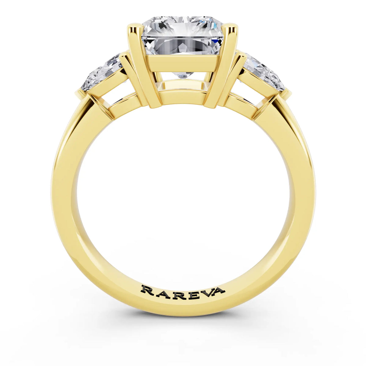 14 KT Yellow Gold Radiant Cut Diamond Three Stone Pear Accent Ring - through finger