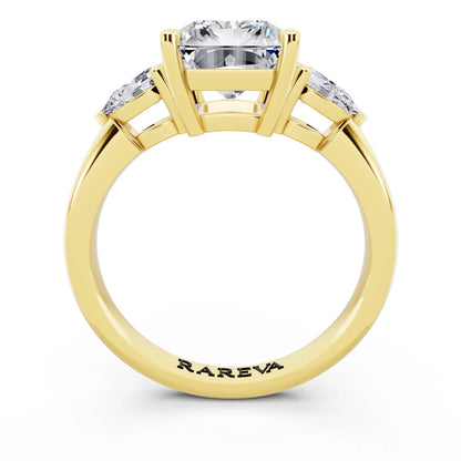 14 KT Yellow Gold Radiant Cut Diamond Three Stone Pear Accent Ring - through finger