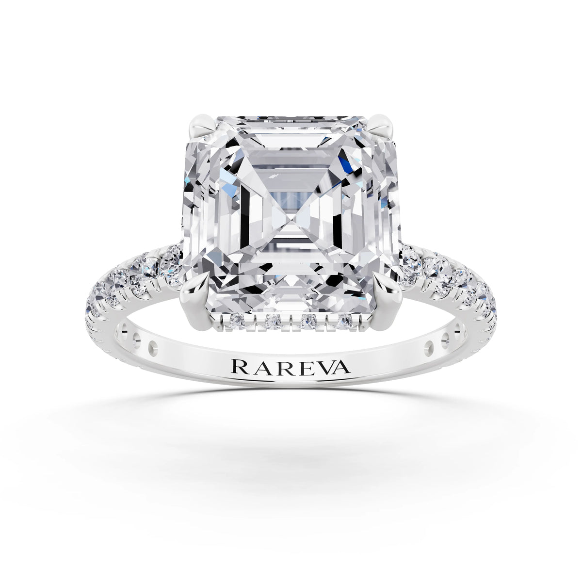 Platinum Asscher Cut Diamond Solitaire Ring with Hidden Halo and French Pave Band - front view