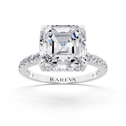 Platinum Asscher Cut Diamond Solitaire Ring with Hidden Halo and French Pave Band - front view