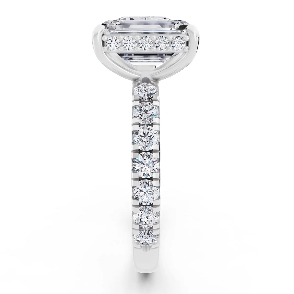 14 KT White Gold Emerald Cut Diamond Toi et Moi Ring with Pave Band - Side view