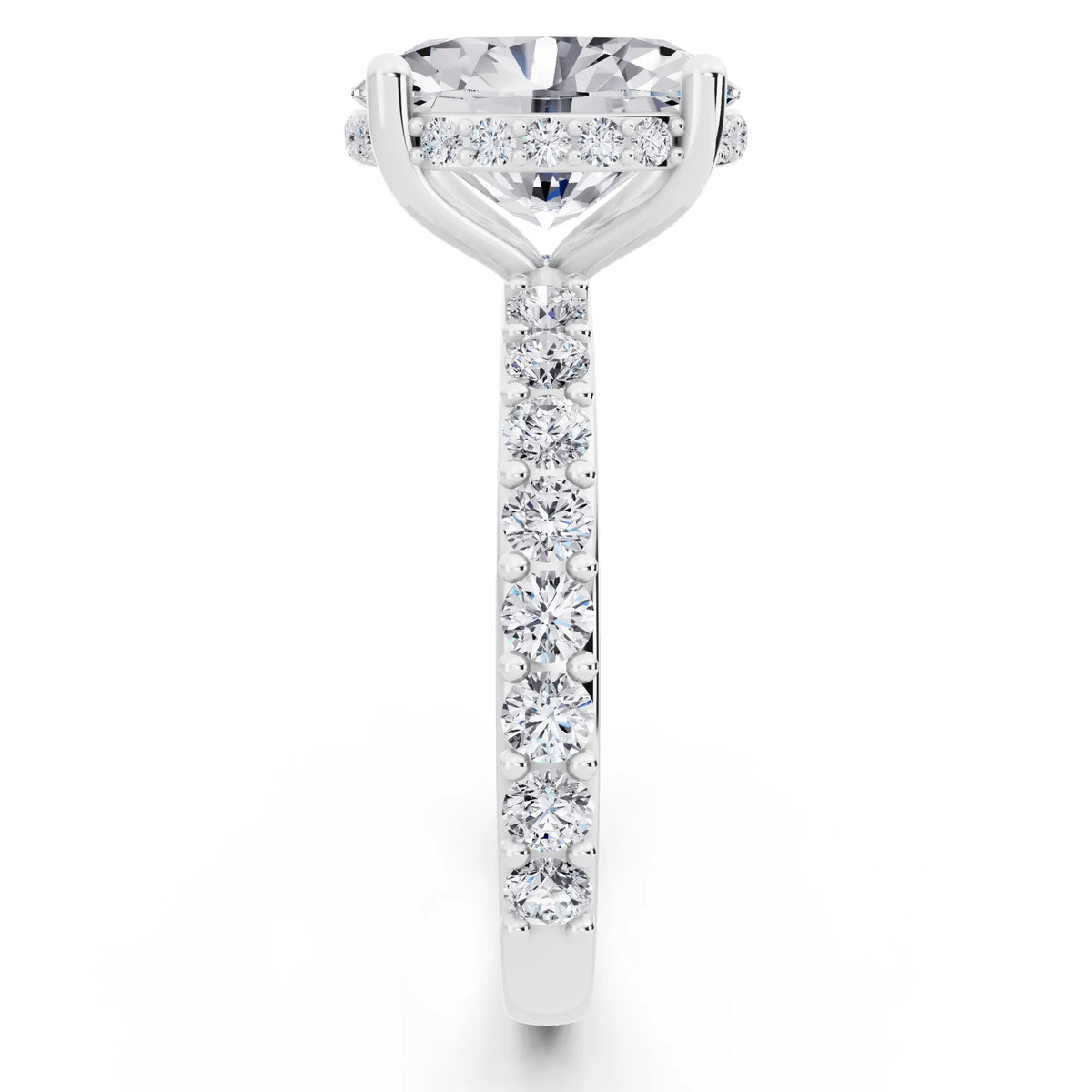 18 KT White Gold Oval Cut Diamond Solitaire Ring with Hidden Halo and Pave Band - side view
