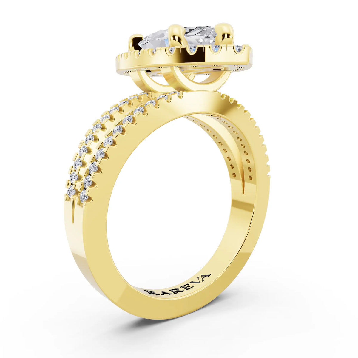 18 KT Yellow Gold Marquise Cut Diamond Halo Ring with Pave Split Shank - top view