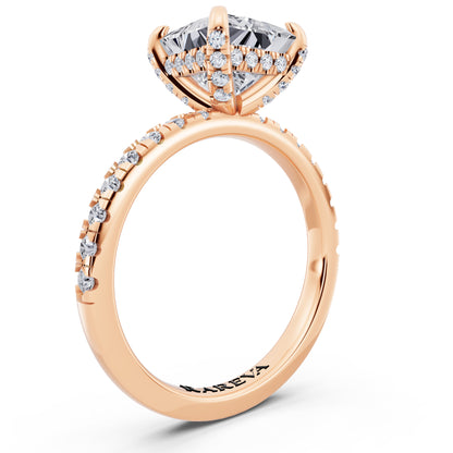 18 KT Rose Gold Princess Cut Diamond Hidden Halo Ring with Pave Shank - top view